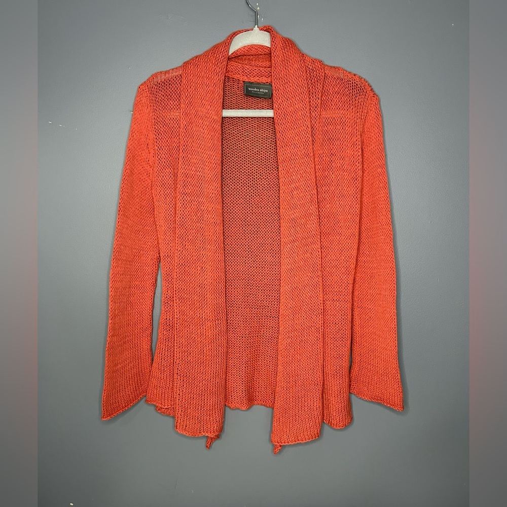 Wooden Ships Cardigan Sweater Womens S/M Orange Open Knit Lightweight Drape